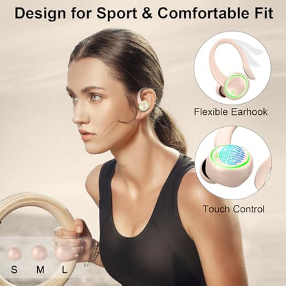 Matast Wireless Earbuds, Bluetooth 5.4 Headphones Sports, 50H Playback Over-Ear Buds with ENC Noise Cancelling Mic, 3D HiFi Stereo Fitness Earphones with Earhooks, IP7 Waterproof Headset for Runing - color: Shiny Pink