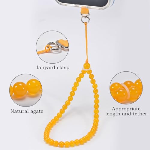 Agate Beaded Phone Wrist Strap for Women Men Stone Beads Charm Handmade Cellphone Chain Lanyard with Tether Tab - color: Yellow-2, size: 8mm Beads