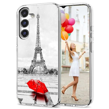 for Samsung Galaxy S24 FE Case for Girl Women Men, Full Protective Shockproof Slim Soft TPU Clear Phone Cover Cases for Galaxy S24 FE,Romantic France Paris Eiffel Tower Red Umbrella - color: A Eiffel tower in the rain
