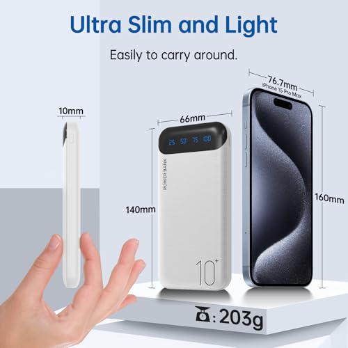 Power Bank 10000mAh Portable Charger Slim External Battery Pack with 2 USB 2.4A Outputs and USB C in/Out Compatible with Huawei iPhone 16 15 14 13 12 iPad Samsung Galaxy S20 Android Tablet (White) - color: White