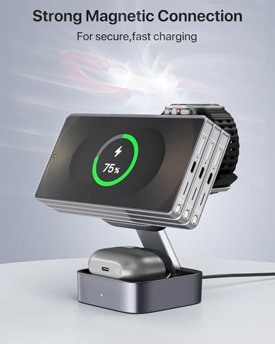 3 in 1 Charging Station for Samsung, Foldable Wireless Charger Station, Travel Magnetic Fast Charger Stand for Galaxy S26-S21/Z Fold/Flip Series, Galaxy Watch Ultra/8-5 & Galaxy Buds Pro/3/2 Series