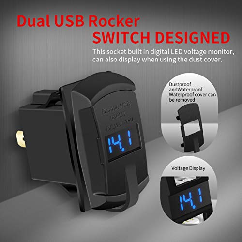 DaierTek USB Rocker Switch Red Led Digital Voltmeter Dual USB Car Charger Adapter Socket Waterproof for Rocker Marine Switch Panel on Boat RV Vehicle - color: red