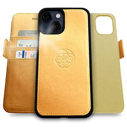 Dreem Vegan Leather Magnetic Detachable Wallet Case for iPhone 13 Gold | Built-in Phone Stand, RFID Blocking Card Holder Flip Cover, MagSafe Compatible, Gift Box [Fibonacci: Gold] - color: Gold, size: iPhone 13