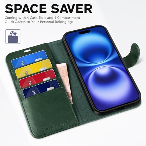 TUCCH Wallet Case for iPhone 16 (6.1") 2024, 4 Card Slots, Evergreen | RFID Blocking, Viewing Stand, Shockproof TPU Shell, PU Leather, Magnetic Closure, Protective Folio Flip Cover - color: Evergreen
