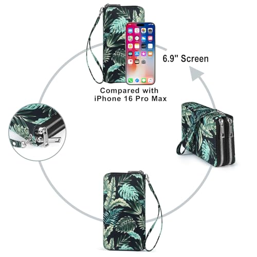 RFID Blocking Cellphone Wallet for Women with Wrist Strap, Double Zipper Travel Clutch Purse Large Capacity, Palm Leaf - color: Green Palm Leaf