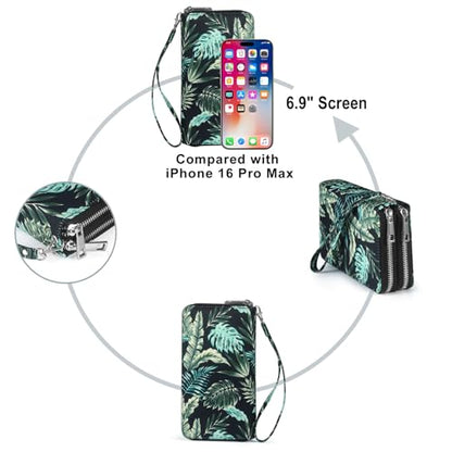 RFID Blocking Cellphone Wallet for Women with Wrist Strap, Double Zipper Travel Clutch Purse Large Capacity, Palm Leaf - color: Green Palm Leaf