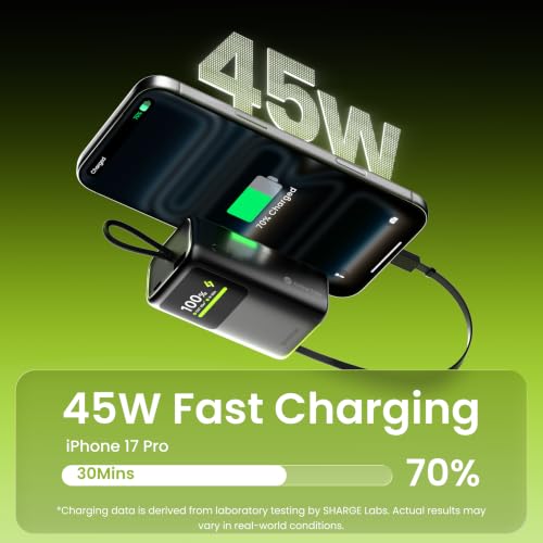 sharge 45W Power Bank 10000mAh with Built-in Retractable Cable