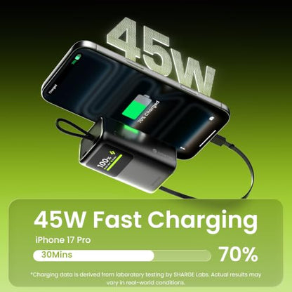 sharge 45W Power Bank 10000mAh with Built-in Retractable Cable