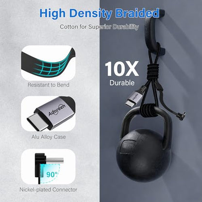 Adoreen USB C to C 2.0 Cable 3.3 FT with Flat 90 Degree Right Angled Port, 60W PD Fast Charging Cord, Slim Thin Braided, 480Mbps 20V/3A for Mobile Gaming, iPhone 17/16 Pro Max, Samsung, MacBook, iPad - size: 3.3FT, style: USB-C to C