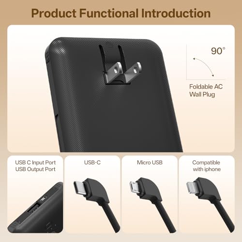 Brand Q Portable Charger with Built-in Cables and AC Wall Plug,Slim USB C Travel Essential Power Bank 10000mAh,External Battery Pack Compatible with iPhone,Samsung,Tablet and All Smart Phones - color: Black