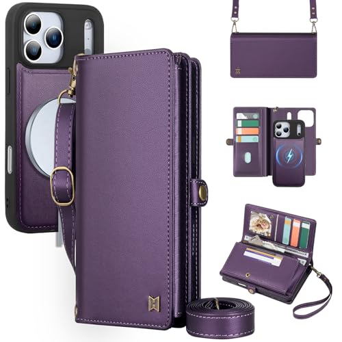 for Wallet Case Compatible with iPhone 17 Pro Max,Multi-Function Detachable 3 in 1 Magnetic iPhone 17 Pro Max Case Wallet,Flip Strap Zipper Card Holder Phone Case with Shoulder Straps (Pruple) - color: Purple, size: iPhone 17 Pro Max