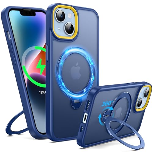 Supdeal Magnetic Stand Case for iPhone 13/14, [360° Rotating Invisible Kickstand] [Compatible with Mag Safe] [Military Grade Protection] Ring Magnet Holder Matte Phone Cover, 6.1'', Blue - color: Blue, size: iPhone 13/14