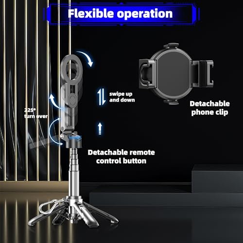 for Magsafe Tripod Stand for iPhone,Portable Pocket Size Selfie Stick with Rechargeable Remote and Metal Ring,Extendable Detachable Cell Phone Tripod Compatible with iPhone/Android