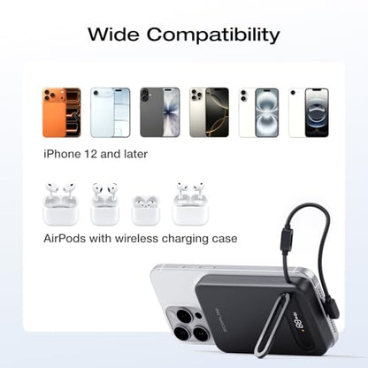 EF ECOFLOW Rapid Mag Power Bank, Qi2.2 25W MagSafe-Compatible Portable Charger, 10,000mAh Magnetic Power Charger with Built-in USB-C Cable and Foldable Stand, for iPhone 17/16/15 - color: Black