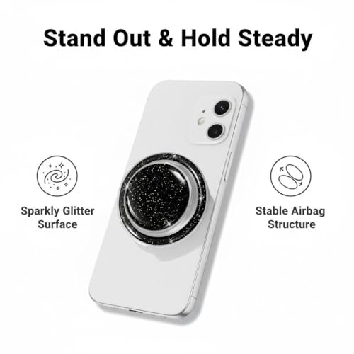 Magnetic Collapsible Phone Grip Stand, Black Crystal Glitter Expanding Phone Holder Compatible with Most Smartphones and Tablets - color: Black Marble