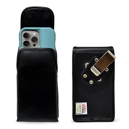 Turtleback Belt Clip for iPhone 16 Pro, 16e, 15 pro 14 Pro 13 Pro -Medium- Fits w/Shockproof Commuter Style Cases, Premium Black Leather, Vertical Belt Holder, Magnetic Closure HD Rotating Clip - color: Vertical - Leather w/ Metal Clip, size: Medium