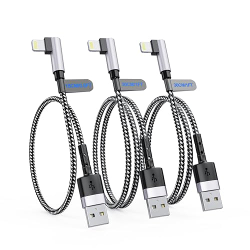 3Pack Right Angle Short iPhone Charge Cable, 90 Degree Apple USB A to Lightning Cable 15cm+30cm+30cm, Nylon Braided Sync Data Charger Cable, Fast Charge Cord for iPhone 14 13 12 11 Pro Max Xr 8 7 Plus