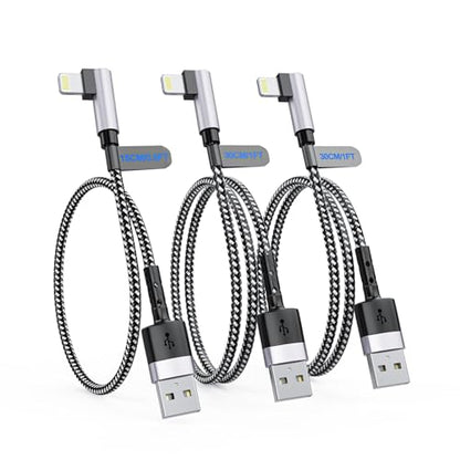 3Pack Right Angle Short iPhone Charge Cable, 90 Degree Apple USB A to Lightning Cable 15cm+30cm+30cm, Nylon Braided Sync Data Charger Cable, Fast Charge Cord for iPhone 14 13 12 11 Pro Max Xr 8 7 Plus