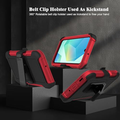 for Samsung Galaxy A16 5G Case with 2 Pack Tempered Glass Screen Protector, [Holster Series] Belt Clip Hard Tough Heavy Duty Rugged Shockproof Protective Cell Phone Case (Red) - color: Red