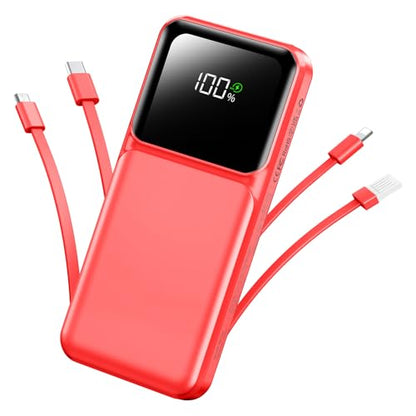 RONEGN Portable Charger with Built in Cable 10000mah USB C Power Bank Fast Charging Travel Essential Battery Pack for iPhone Samsung Android iPad etc - color: Red