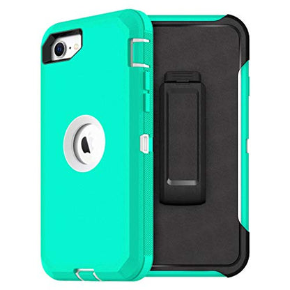 MXX Case Designed for iPhone SE Case 2020 /SE 2022 Heavy Duty Protective Case with Screen Protector [3 Layers] Rugged Rubber Protection Cover & Rotating 360 Degree Belt Clip SE 3rd/2nd Gen(Aqua/White) - color: Aqua/White