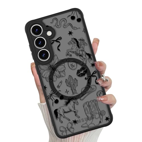 Magnetic for Samsung Galaxy S25 Plus Case,Black Western Cowboy | Compatible with MagSafe,Cute Floral Pattern Translucent Matte Hard Back Shockproof Anti-Scratch Phone Case for Women Girls - color: Western Cowboy, size: Samsung Galaxy S25 Plus
