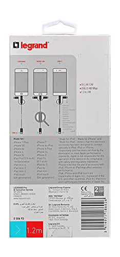 Legrand 3-in-1 Multi USB Cable, Lightning + USB-C + Micro-USB, 1.2m, 12W, Apple MFi-Certified, Silver, Compatible with iPhone, iPad, Samsung, Huawei