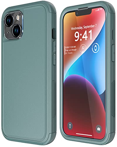Diverbox for iPhone 14 Case [Shockproof] [Dropproof] [Tempered Glass Screen + Camera Lens Protector],Heavy Duty Protection Phone Case Cover for Apple iPhone 14 (Pine Green) - color: Pine Green-3in1