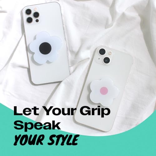 OnTheGrip Cute Solid Color Daisy Flower Design Collapsible Mobile Phone Grip Stand Holder for Smartphone Tablet Cell Phone Accessory (White Black)