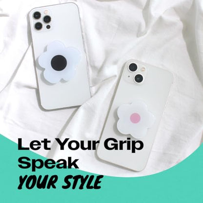 OnTheGrip Cute Solid Color Daisy Flower Design Collapsible Mobile Phone Grip Stand Holder for Smartphone Tablet Cell Phone Accessory (White Black)