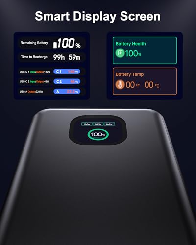140W Laptop Power Bank, 25000mAh with TFT Smart Digital Display - color: Dark Gray