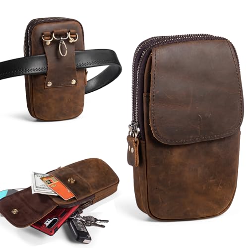 Genuine Leather Phone Holster for Belt Men, Belt Clip Wallet Case Fit for iPhone 17/16/15/14 Pro Max Samsung Galaxy S25 Edge S24 Ultra Travel Cell Phone Pouch Crossbody Purse Belt Bag (Coffee) - color: Coffee