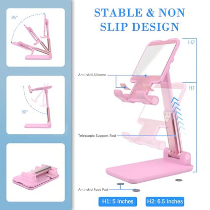 Cell Phone Stand, Adjustable Angle and Height Cell Phone Holder for Desk, Foldable and Portable, Anti-Slip Silicone Pad, Compatible with All Mobile Phones and 4-8 Inch Devices (Black&White&Pink) - color: Black&White&Pink