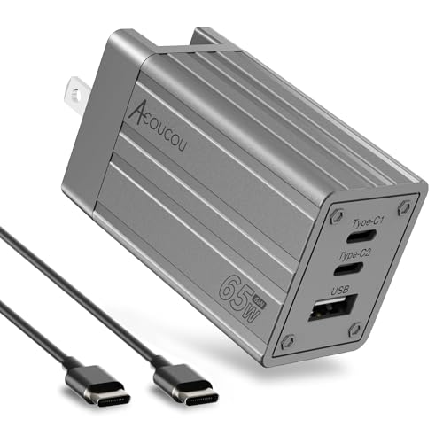 65W GaN Fast Charger, 3-Port USB C Power Adapter with 6ft USB C Cable - color: Gray