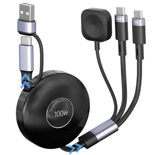 3 in 2 Retractable USB C Cable for Apple Watch Charger - 100W USB C and iWatch Charger with Data Sync, Portable Travel Cable for iWatch Ultra 2/SE2/Series 11-1, iPhone 17/16/15, iPad, AirPods, MacBook