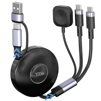 3 in 2 Retractable USB C Cable for Apple Watch Charger - 100W USB C and iWatch Charger with Data Sync, Portable Travel Cable for iWatch Ultra 2/SE2/Series 11-1, iPhone 17/16/15, iPad, AirPods, MacBook