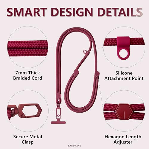Adjustable Crossbody Phone Lanyard, Braided Cord with Tether Tab - color: Red