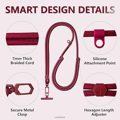 Adjustable Crossbody Phone Lanyard, Braided Cord with Tether Tab - color: Red