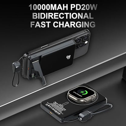 LUCKYDUO 3 in 1 Magnetic Wireless Power Bank, Slim Magnetic Portable Charger with Foldable Stand & LED Display, PD 20W USB C Cable Magnetic Battery Pack for iPhone 17/Air/Pro/16/15/14/13 (10000mAh)