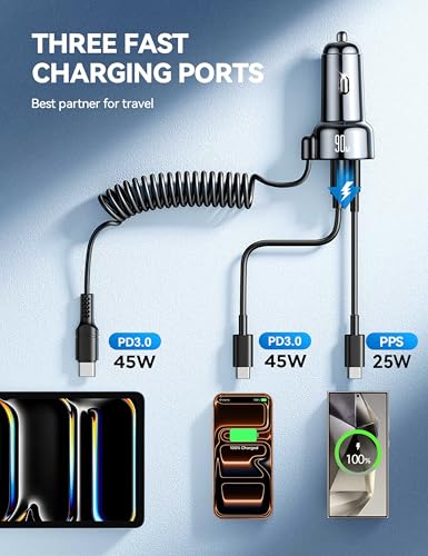 FLYLEAD 90W Car Charger USB C Fast Charge,PD45W for iPhone 18/17/16 Pro Max - color: Black - 5 FT