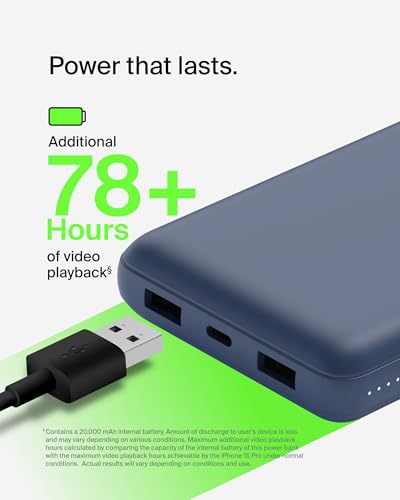 Belkin 20000mAh 15W 3 Port Power Bank, USB A to USB C Cable Included - color: Blue