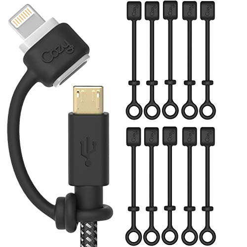 Cozy Silicone Charging Cable Keeper and Adapter Tether, Secure Black Cord Holders Compatible with Micro USB, Apple Pencil Components, Keychain, Car, Travel, 10-Pack - color: Black 10-Pack