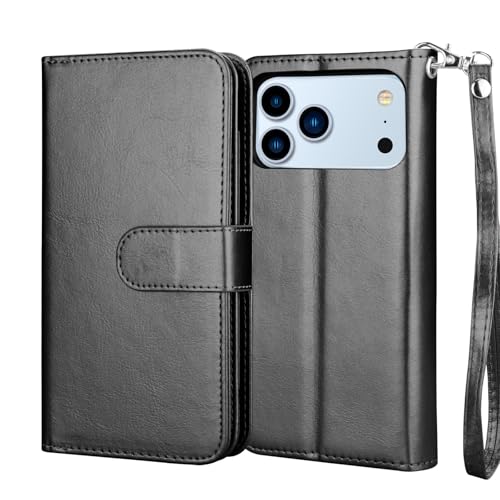 NJJEX Compatible with iPhone 17 Pro Wallet Case, 9 Card Slots, Black | PU leather folio flip, detachable magnetic phone cover, integrated kickstand, included lanyard - color: Black, size: iPhone 17 Pro