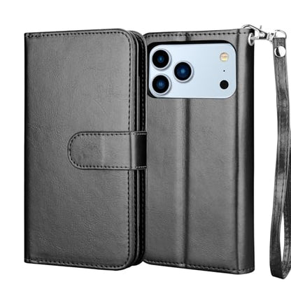 NJJEX Compatible with iPhone 17 Pro Wallet Case, 9 Card Slots, Black | PU leather folio flip, detachable magnetic phone cover, integrated kickstand, included lanyard - color: Black, size: iPhone 17 Pro