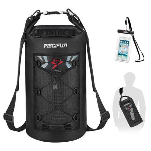 Piscifun Dry Bag, Waterproof Floating Backpack 10L/20L/30L/40L | Waterproof Phone Case, Adjustable shoulder straps, Roll-top closure keeps gear dry, Ideal for Boating, Kayaking, Fishing - color: Black, style: 20l