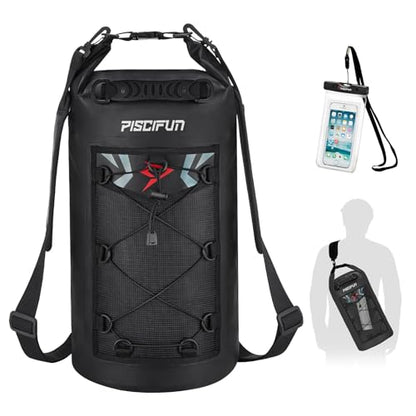 Piscifun Dry Bag, Waterproof Floating Backpack 10L/20L/30L/40L | Waterproof Phone Case, Adjustable shoulder straps, Roll-top closure keeps gear dry, Ideal for Boating, Kayaking, Fishing - color: Black, style: 20l