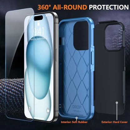 Shockproof for iPhone 15 Case,[15 FT Military Grade Drop Protection],with 2X [Tempered Glass Screen Protector ] with Air Bumpers Full-Body Protective Phone Case,Royal Blue - color: Royal Blue
