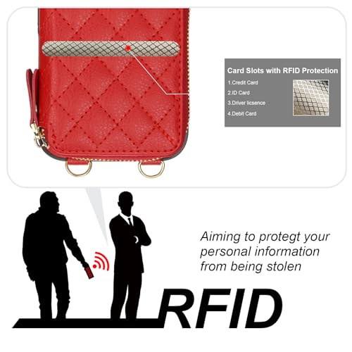 Bocasal Crossbody Wallet Case Card Holder for iPhone 16, Red | RFID Blocking PU Leather Zipper Handbag Purse, Kickstand Flip Folio Case with Card Slots Holder Wrist Strap Lanyard 6.1 Inch - color: Red