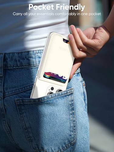 TopMade Phone Card Holder, Leather Phone Wallet Stick on with Stand, Open ID Window, 3M Adhesive Credit Card Holder for Back of Phone Case, iPhone, Samsung, and Android, Fit 6 Cards, Milky White - color: Milky White
