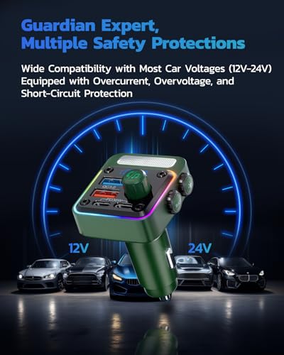 Nulaxy 54W Bluetooth 5.3 Car Adapter, FM Transmitter 4-Port Fast Charging - color: Green